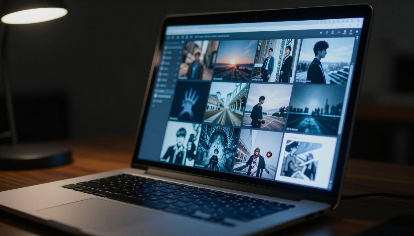 Laptop screen glowing in dark room displaying AI image gallery
