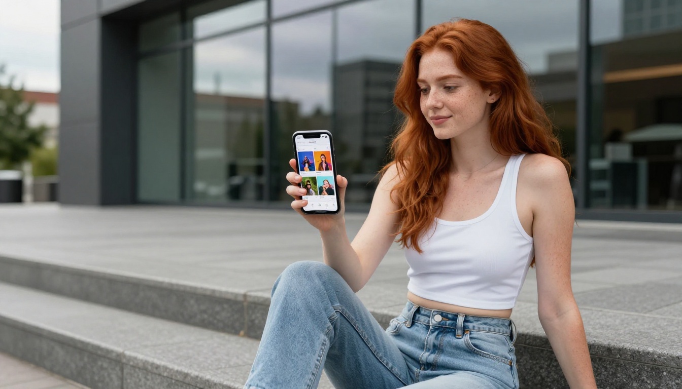 Young woman with red hair holding smartphone with colorful AI image app