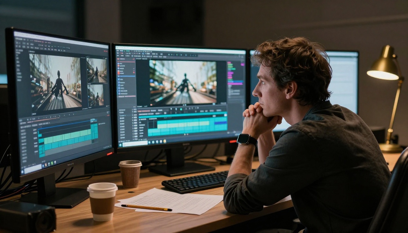 A film director studies AI-generated video footage across three monitors in a dimly lit editing suite, warm desk lamp casting directional light