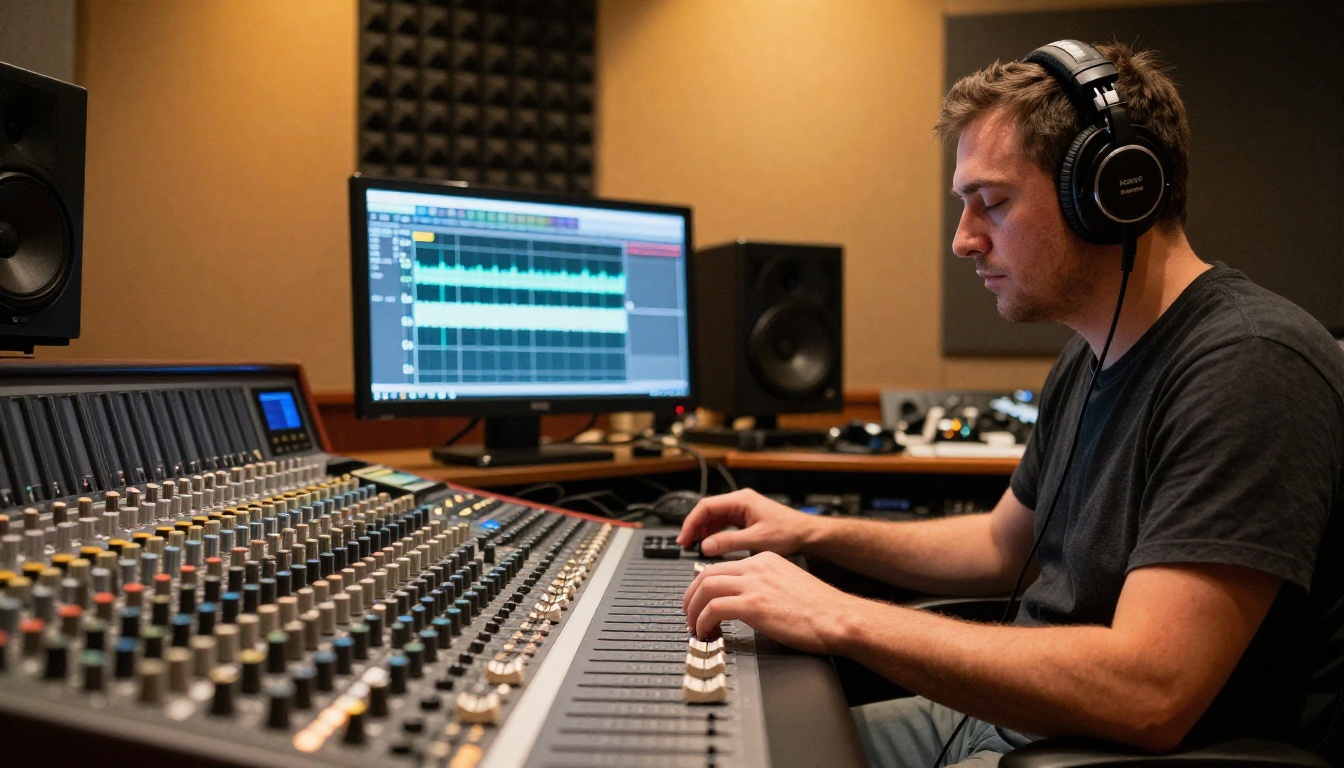 A sound engineer in a professional recording studio wearing headphones, seated at a mixing console, large monitor showing audio waveforms behind