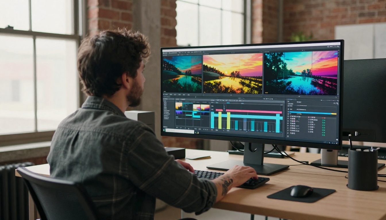 A creative video editor at a standing desk workstation with exposed brick walls reviewing stylized video frames on an ultrawide monitor