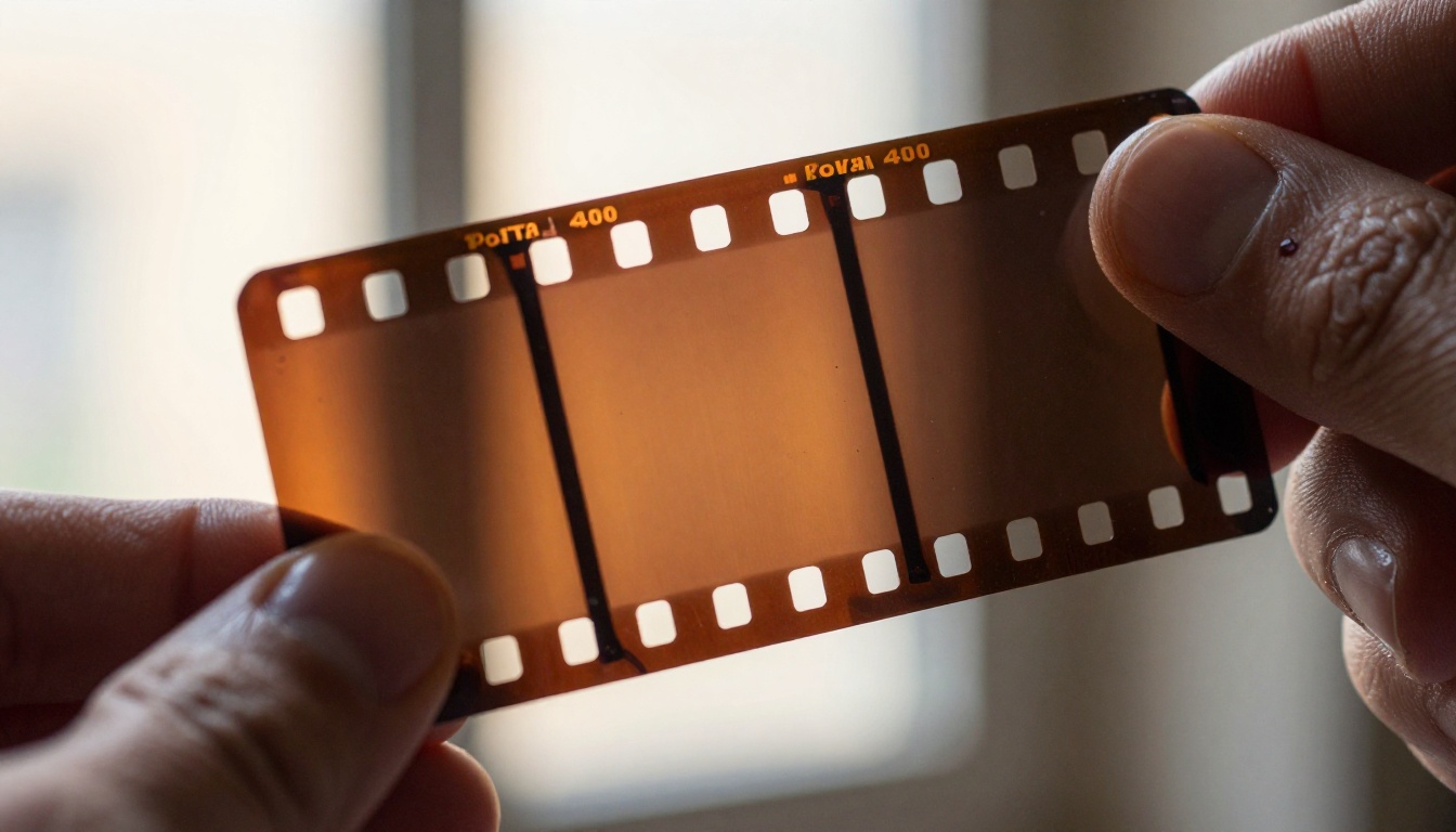 Extreme close-up macro photograph of 35mm film strip held against warm backlit window light, individual frames visible with sprocket holes casting shadows