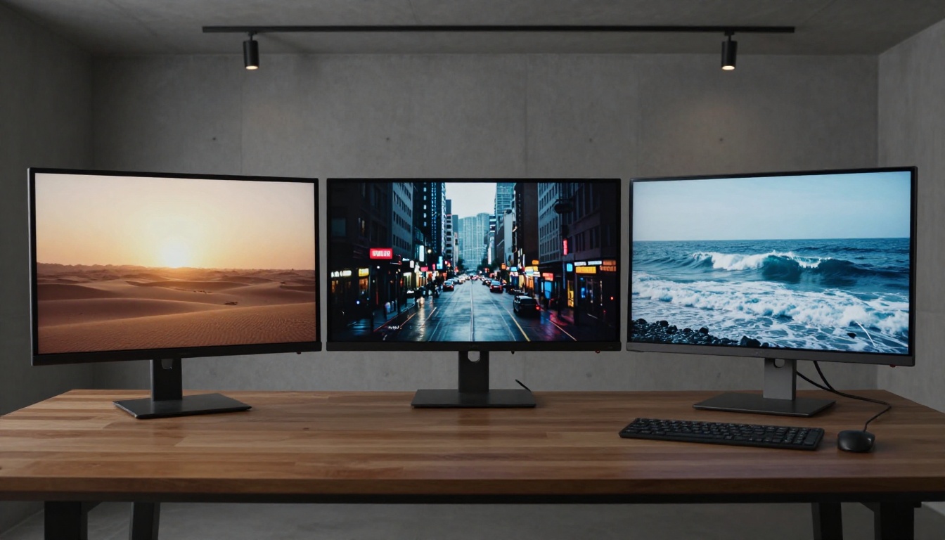 Three widescreen monitors arranged side by side on a modern wooden desk each showing different cinematic video content, low angle shot looking up