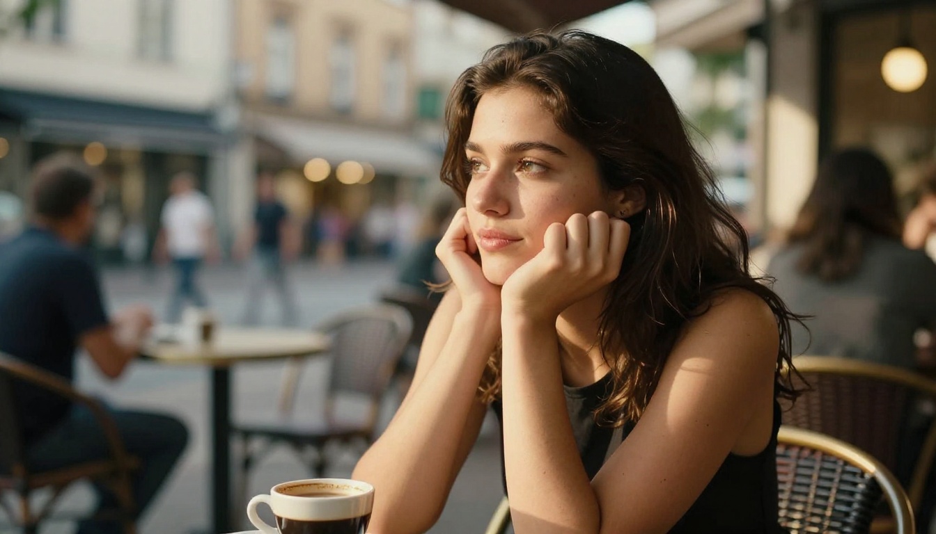 A beautiful woman with dark hair sitting at an outdoor cafe table, warm afternoon sun creating natural rim light, candid documentary-style portrait
