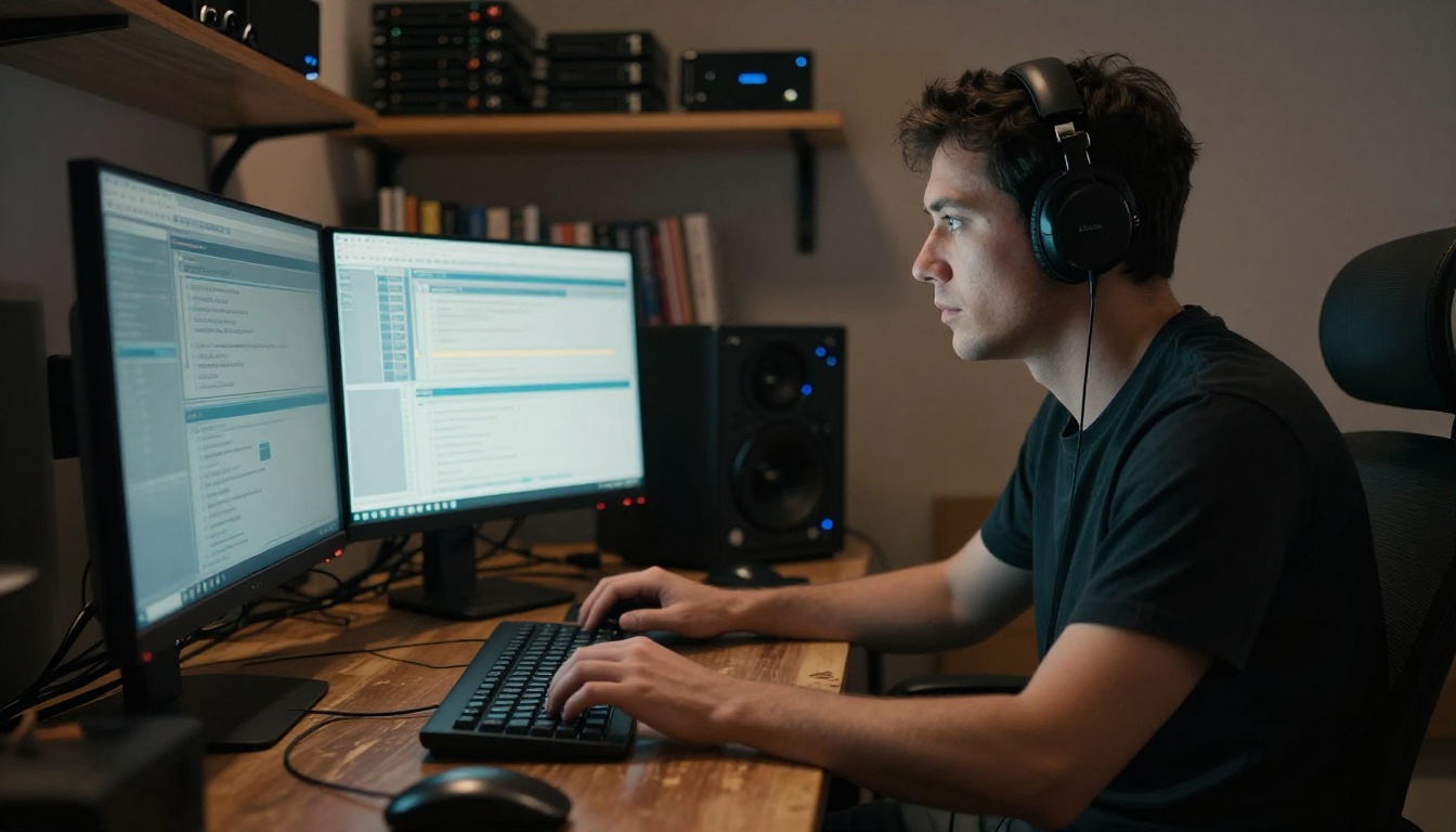 A professional video producer working late at a high-end workstation, face illuminated by monitor light in contrast with warm amber room lighting