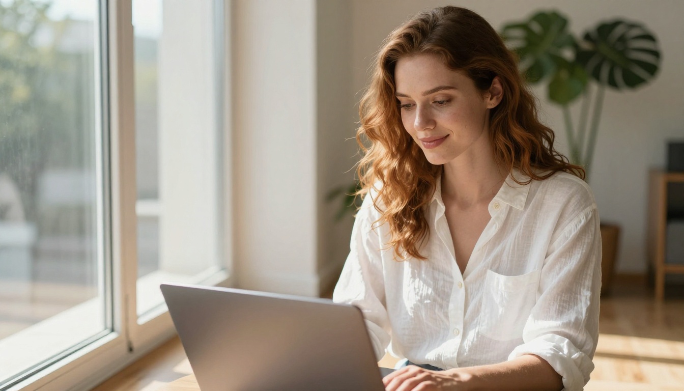 Young woman with auburn hair sitting by a large sunlit window looking at a laptop with a slight smile, volumetric morning window light, minimal apartment interior