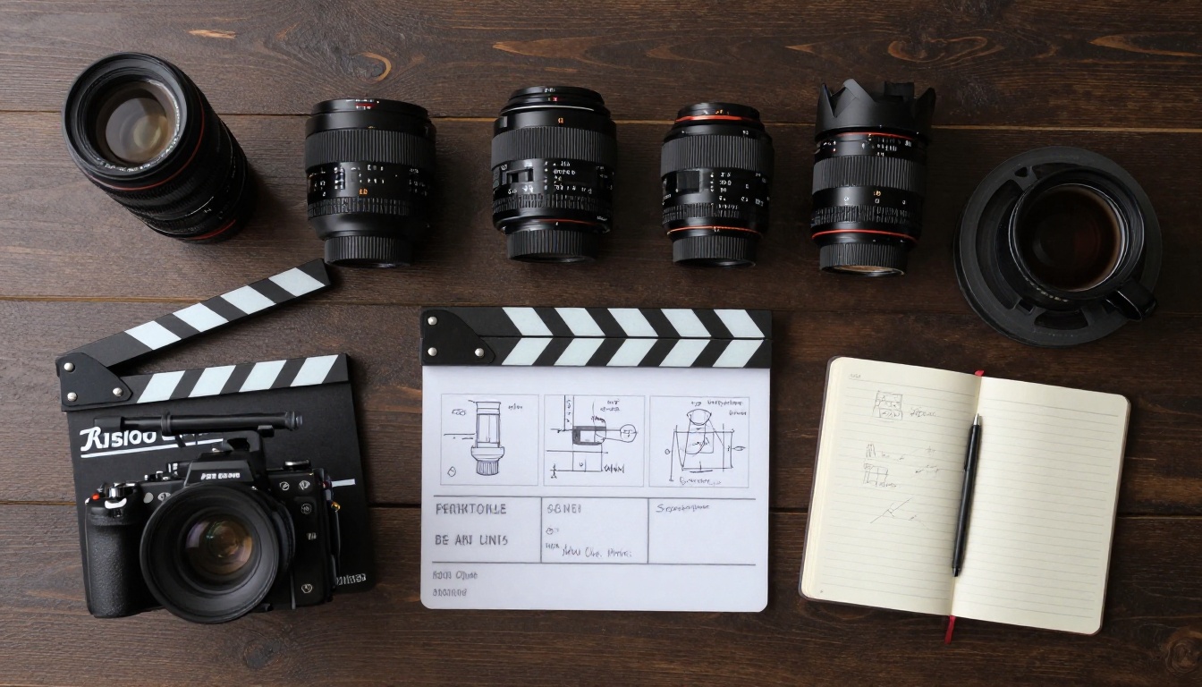 Aerial overhead flat lay of filmmaker's workspace with cinema camera, prime lenses, clapperboard, storyboard pages and handwritten notes on dark wooden table