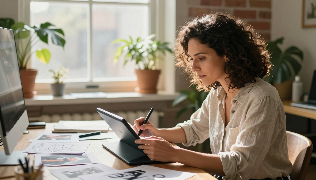 Creative professional using AI image generation tools at their desk