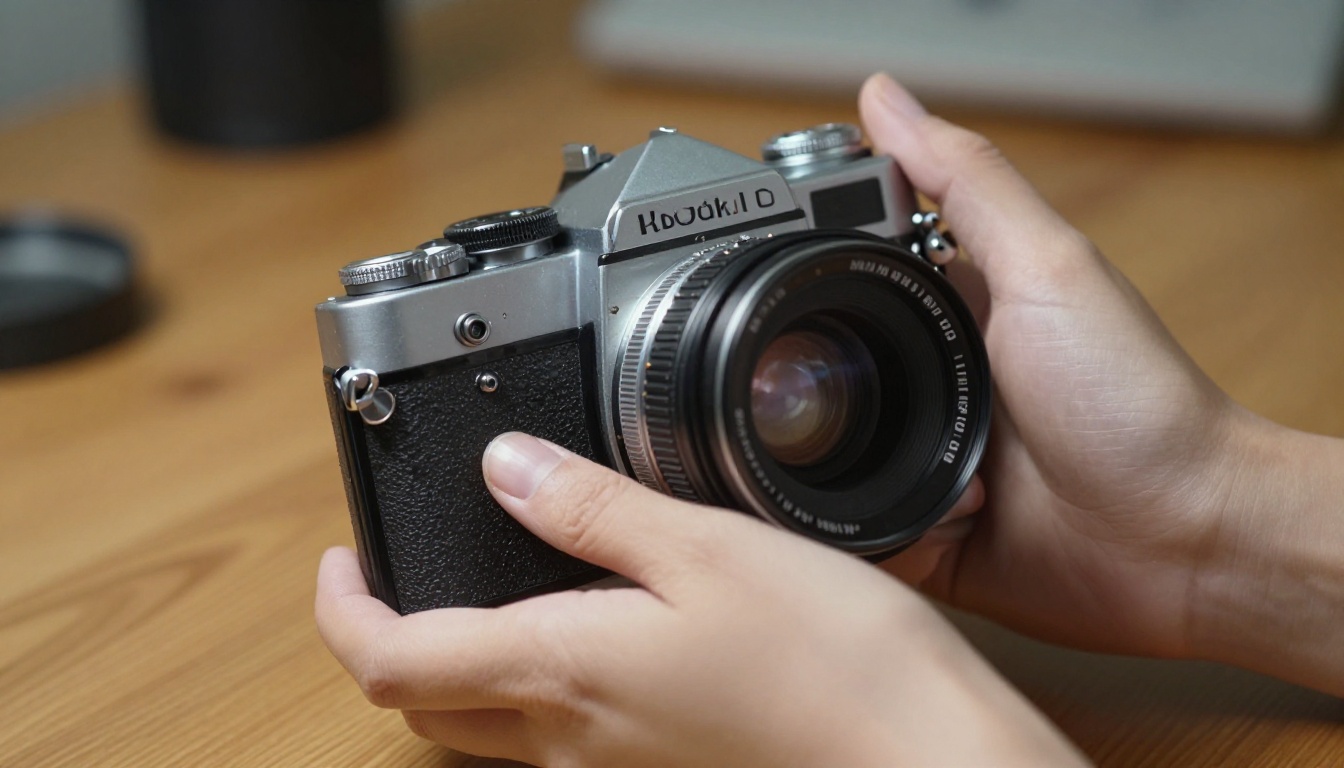 Close-up hands holding camera showcasing photorealistic texture detail