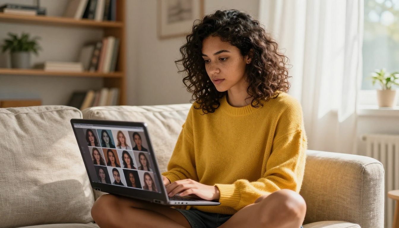 Creative professional reviewing AI images on laptop