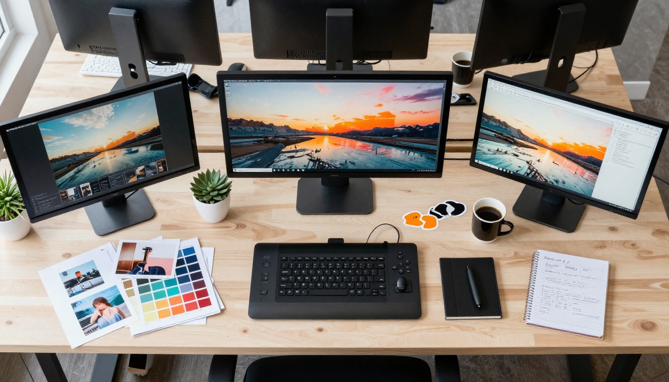 Aerial view of a creative studio workspace with monitors and design tools