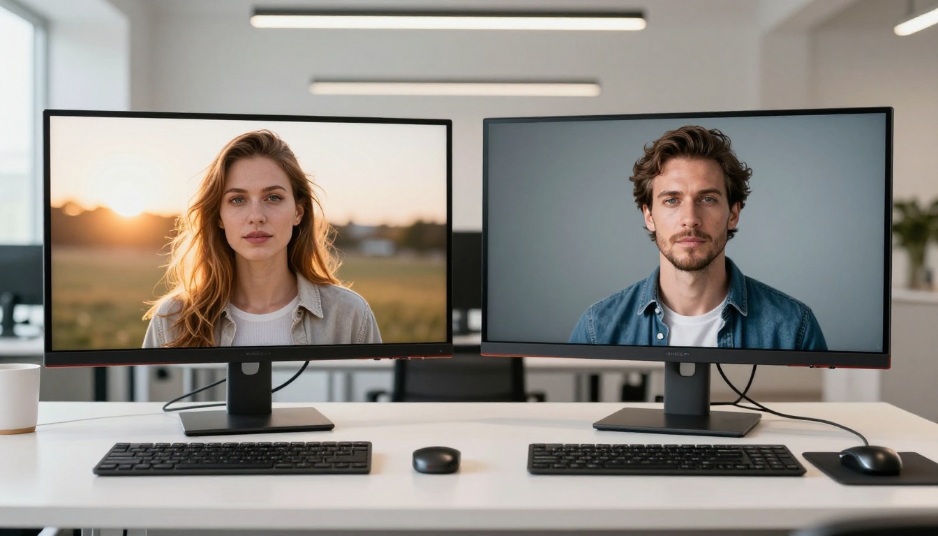 Two monitors showing an AI image quality comparison side by side