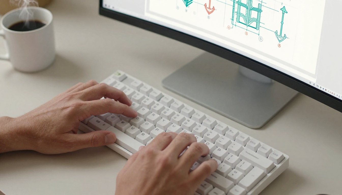 Designer working at dual monitor workstation with vector artwork on screen