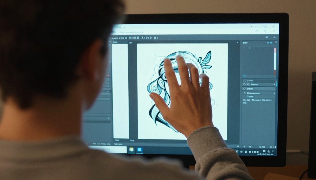 Person interacting with AI art tools on a touchscreen monitor
