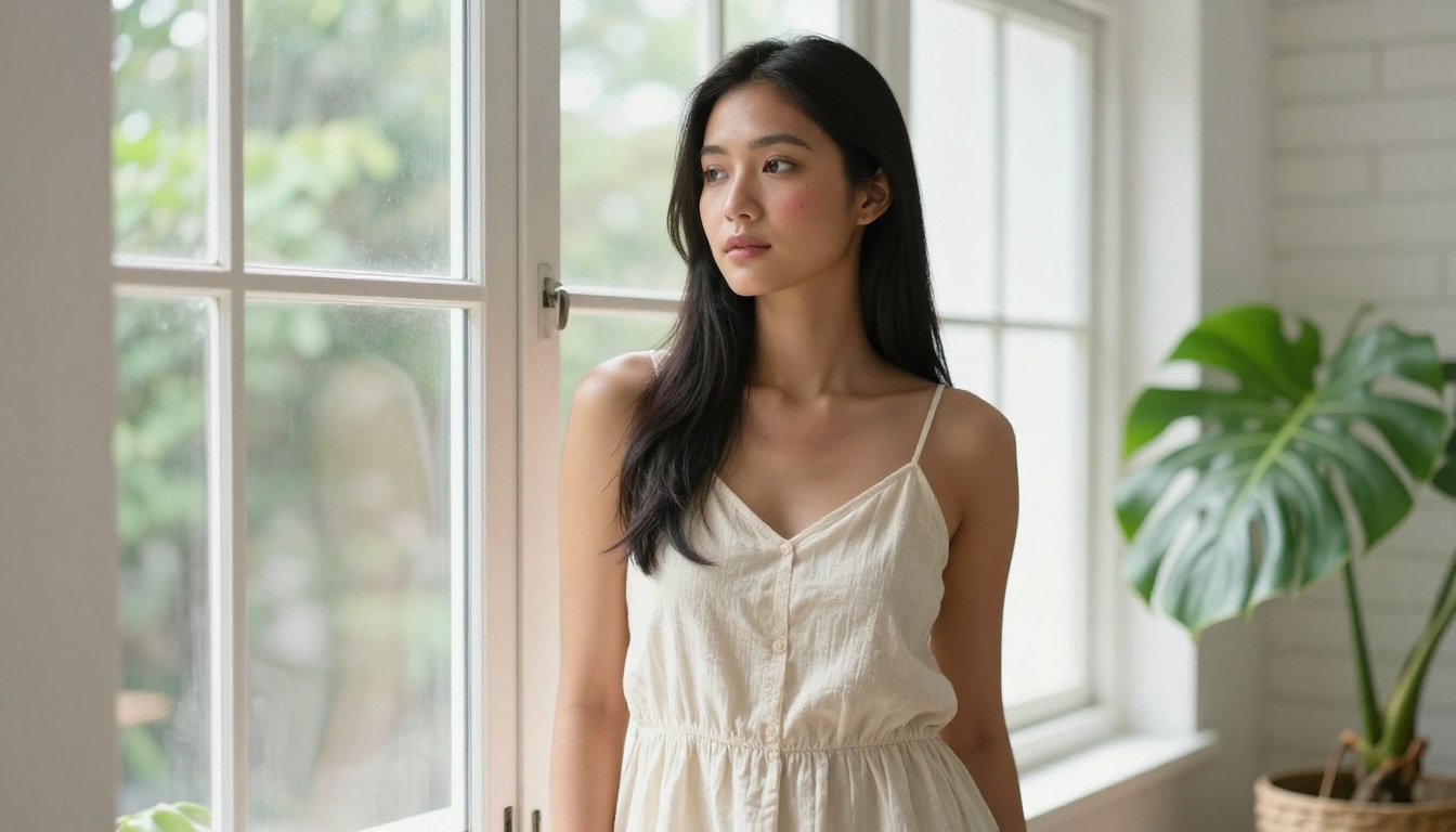 Lifestyle portrait of a young woman near a window in natural light