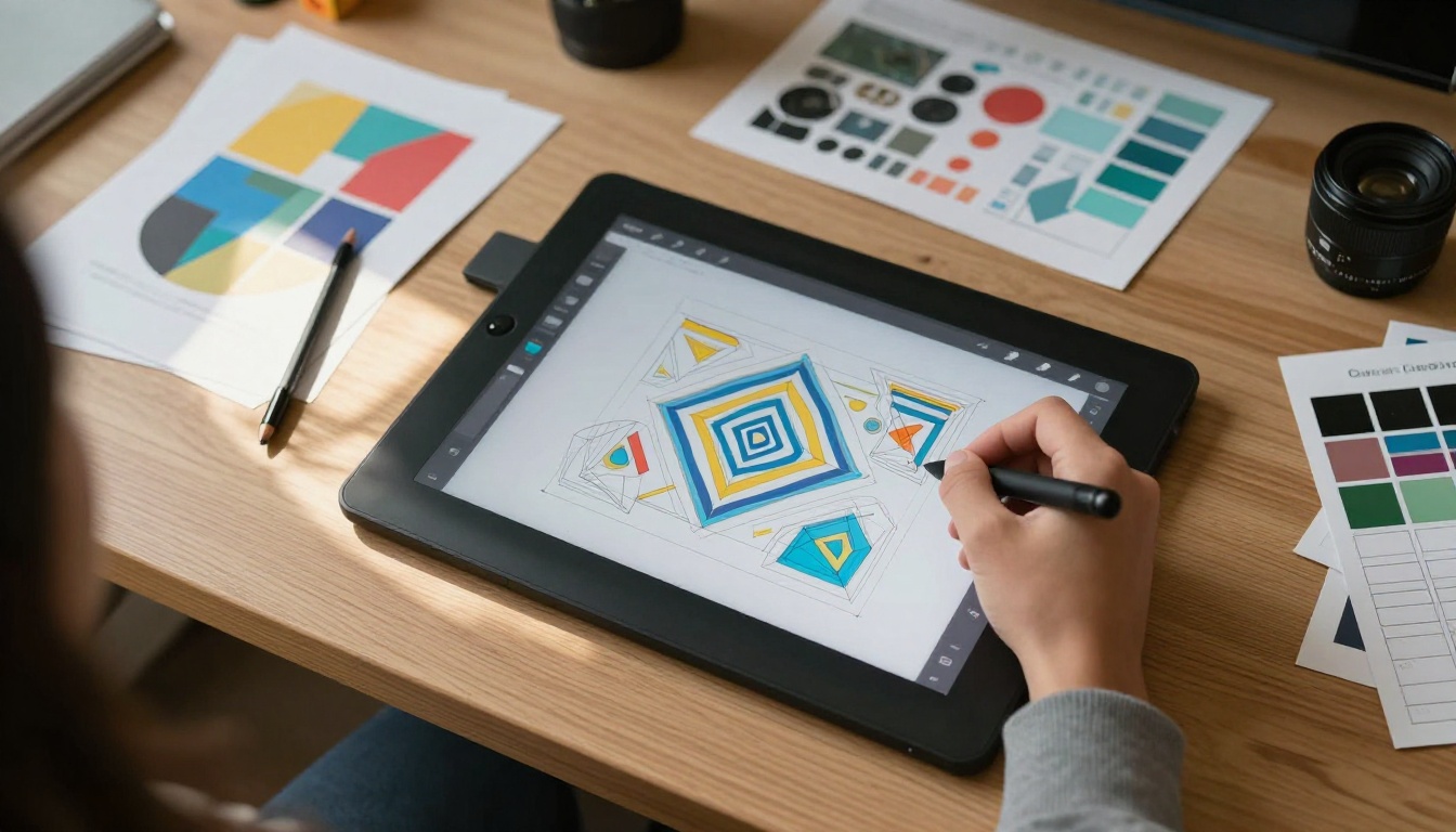 Aerial overhead shot of creative workspace with tablet and vector reference sheets