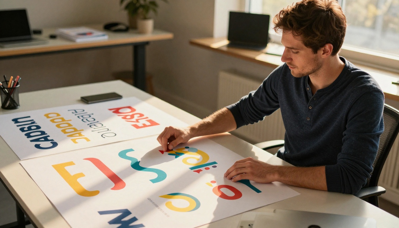 Graphic designer reviewing vector brand identity sheets spread on desk