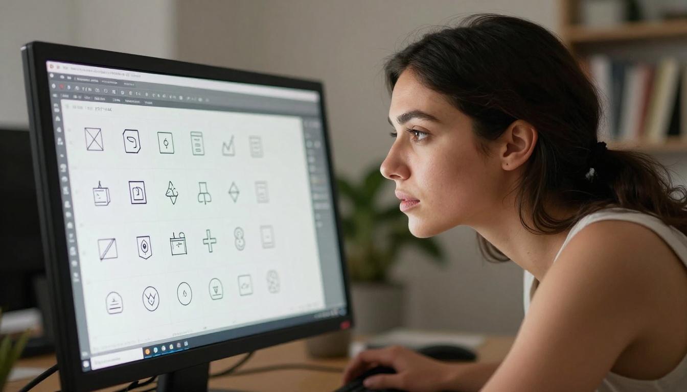 Woman designer examining vector icon set detail on large monitor