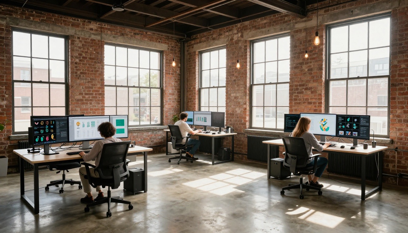 Wide shot of modern design studio with three designers at vector workstations