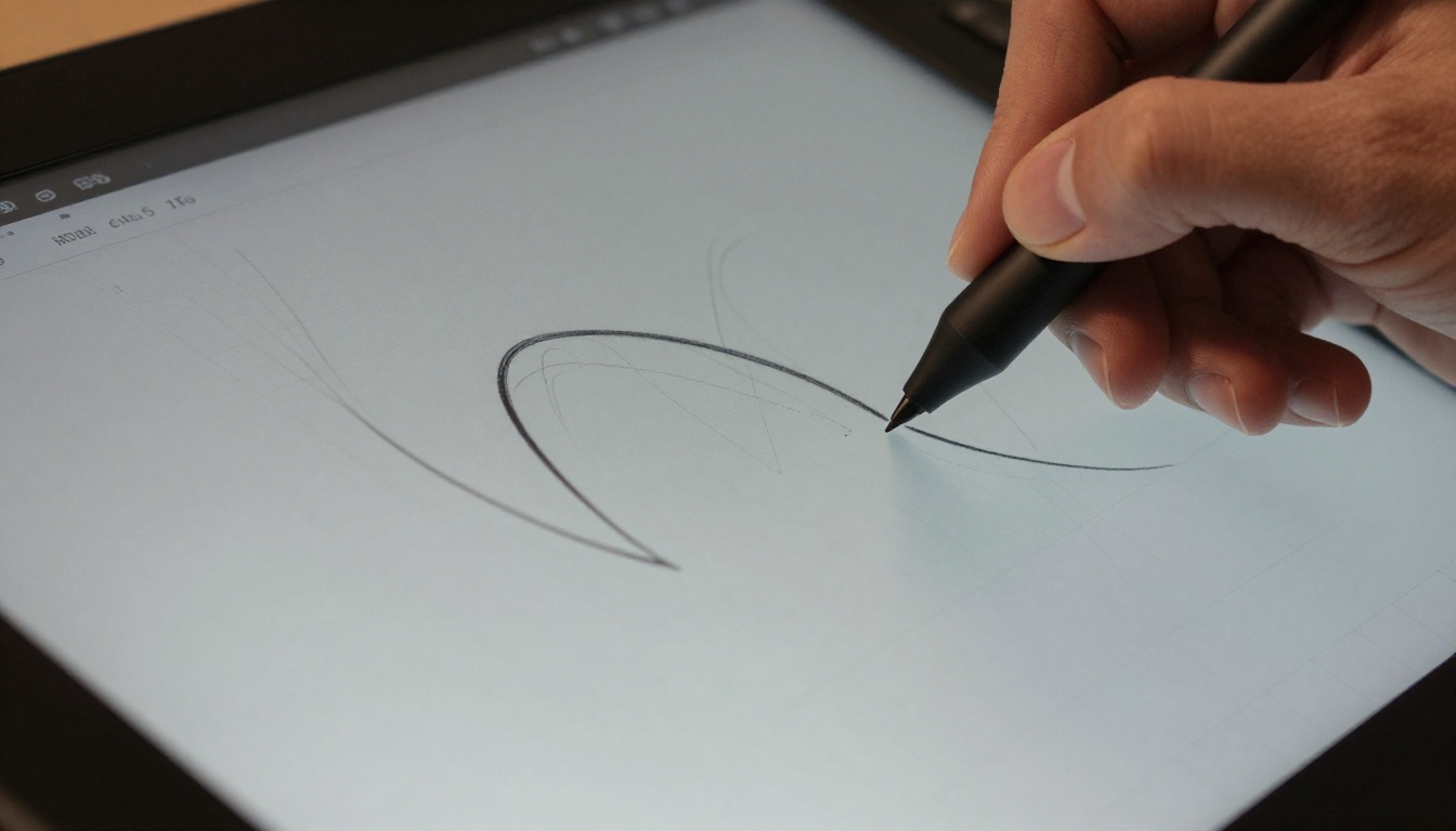 Designer's stylus making precise contact with Wacom Cintiq screen showing vector paths