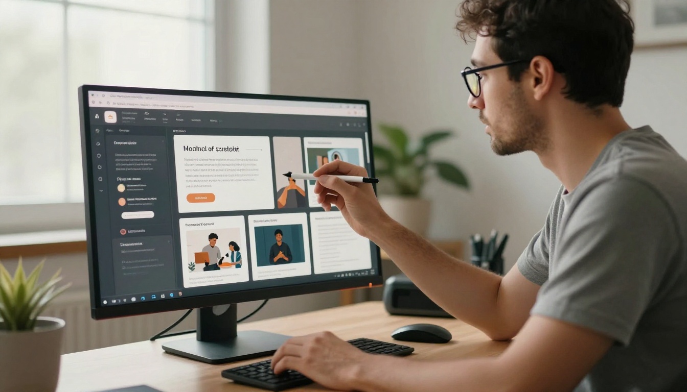 Male UX designer reviewing social media mockups at standing desk Male UX designer reviewing social media mockups at standing desk