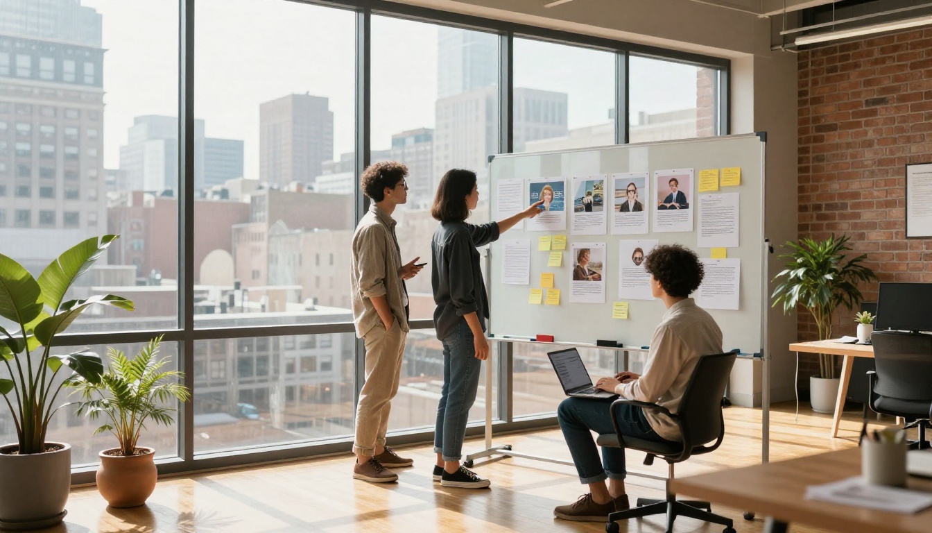 Creative team reviewing AI-generated images in agency meeting room