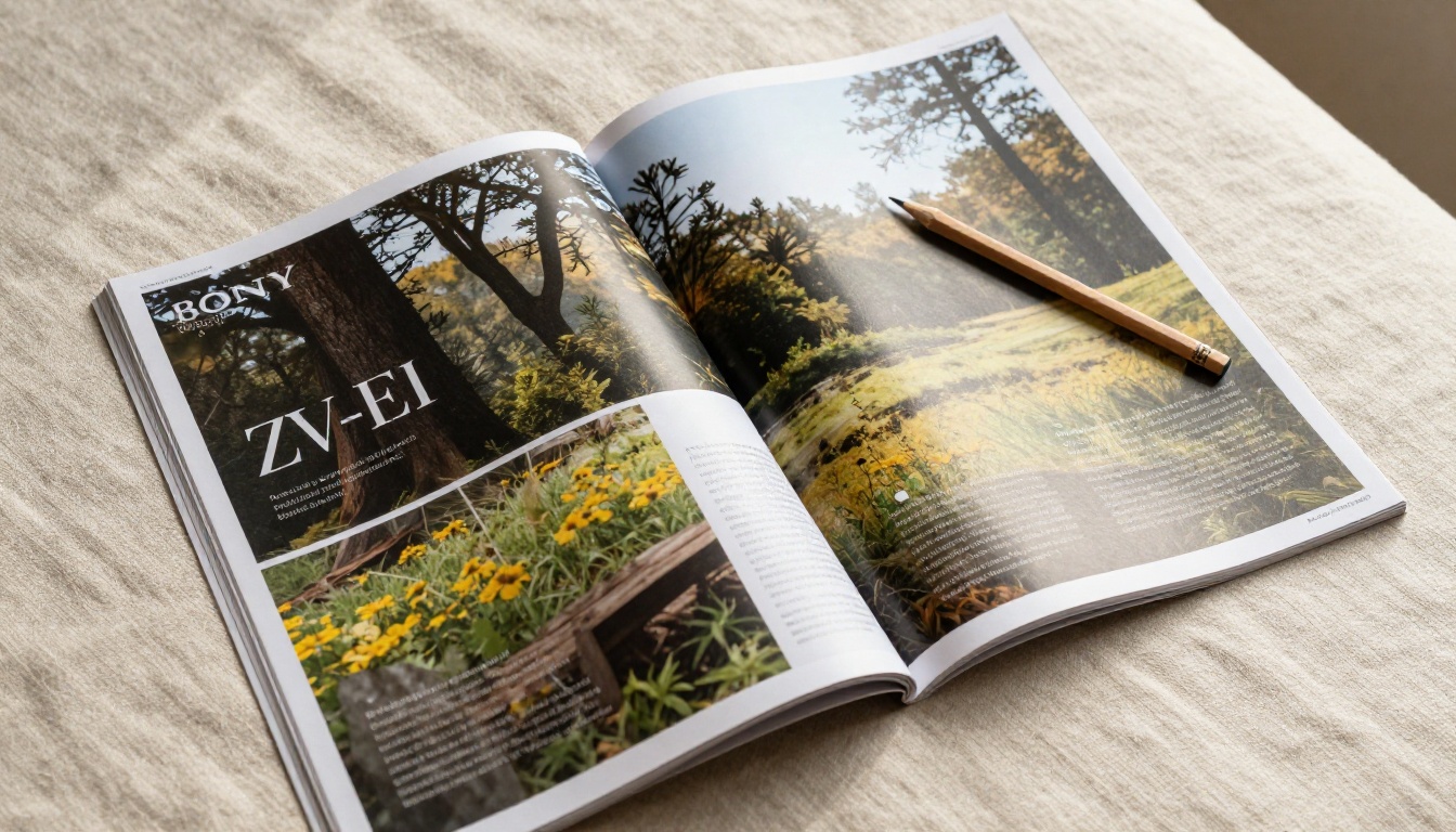 Printed magazine spread showing AI-generated editorial photography with bold typography
