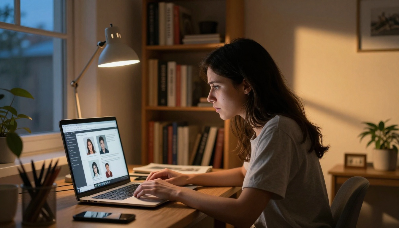 Young woman browsing AI image results on laptop at dusk in home office