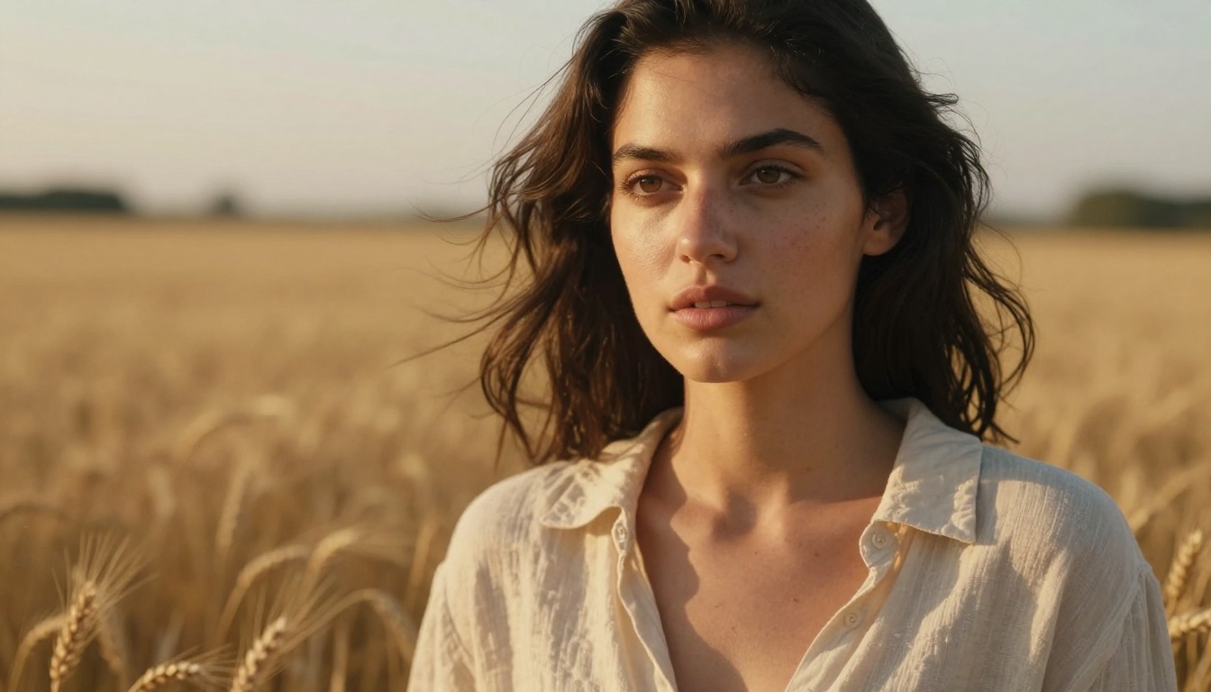 Woman with flowing dark hair standing in a golden wheat field at magic hour, warm backlight