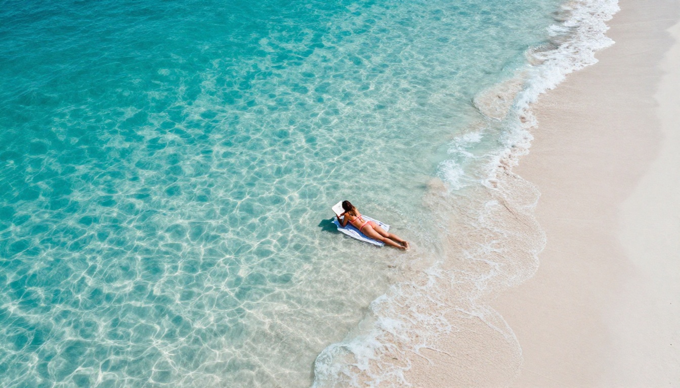 Aerial overhead shot of a woman in coral bikini on a white sand beach, crystal turquoise ocean