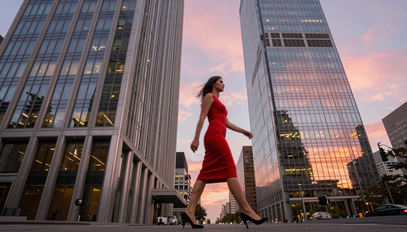 Woman in a fitted red dress walking confidently between two glass skyscrapers at dusk, low angle shot