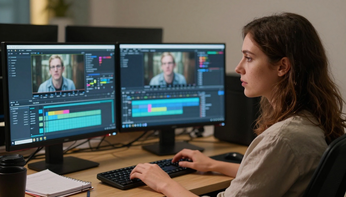 Professional video editor in a high-end editing suite with multiple monitors showing color grading panels