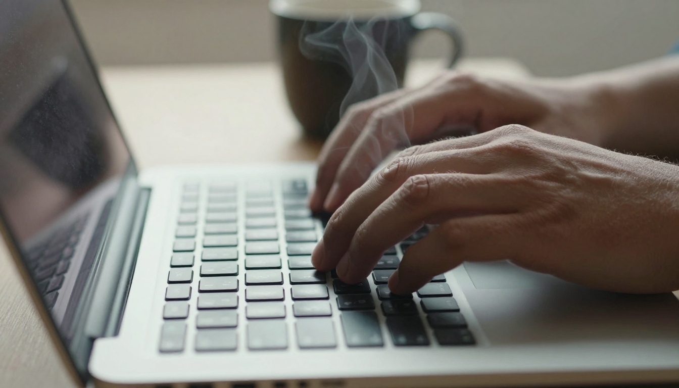 Close-up macro shot of hands typing on a laptop keyboard, morning light, coffee steam in background