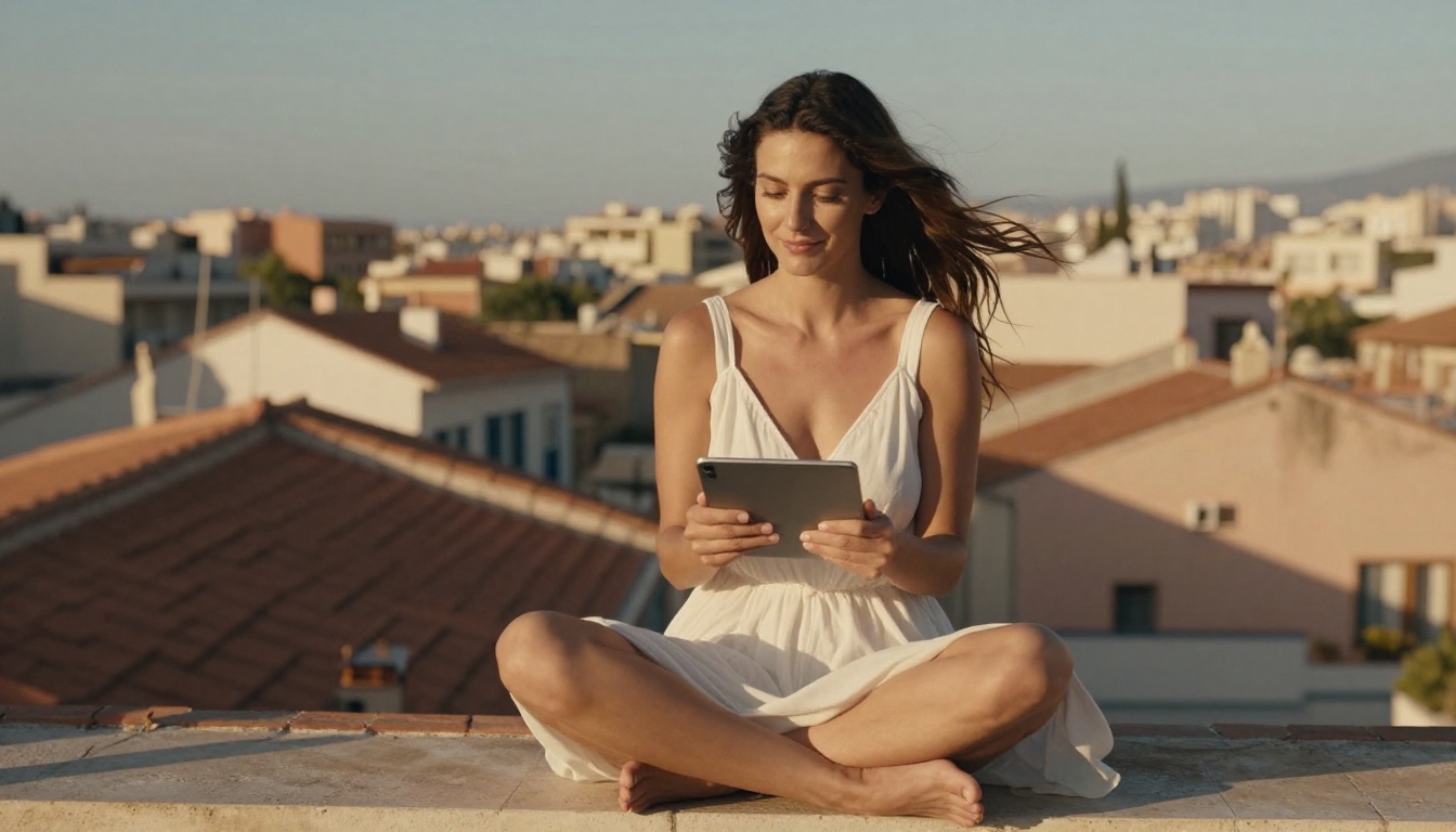 Confident woman sitting cross-legged on a Mediterranean rooftop terrace watching a video on her tablet at golden hour