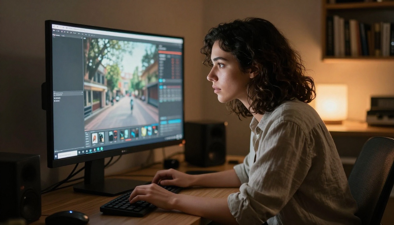 Filmmaker studying AI video outputs on dual monitors in a home studio