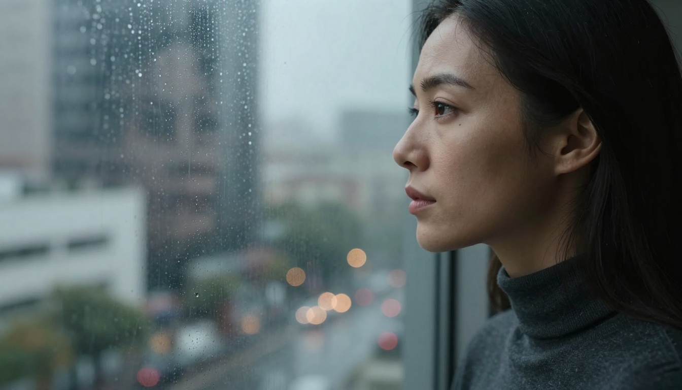 Woman in profile standing near a rain-streaked window, city lights blurred in bokeh background