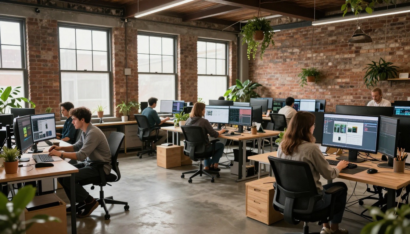 Wide shot of a creative agency workspace, people at standing desks reviewing video projects, natural light through industrial windows