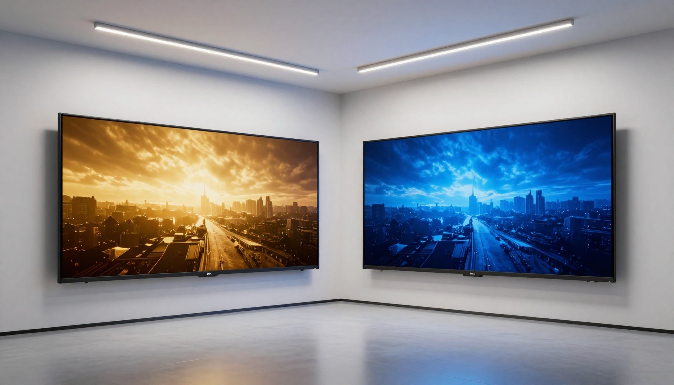 Two professional 4K monitors side by side comparing AI video outputs