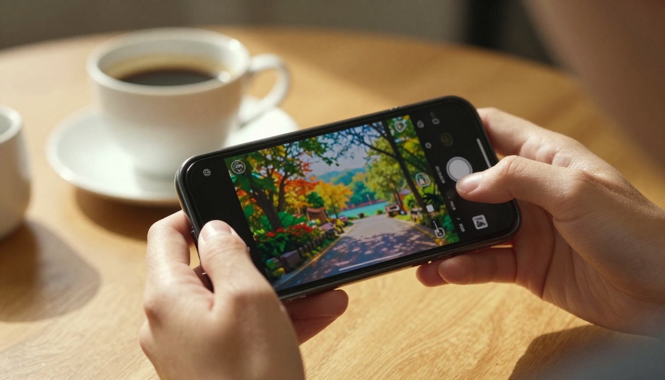 Woman's hands holding a smartphone showing AI-generated video footage in a warm sunlit cafe