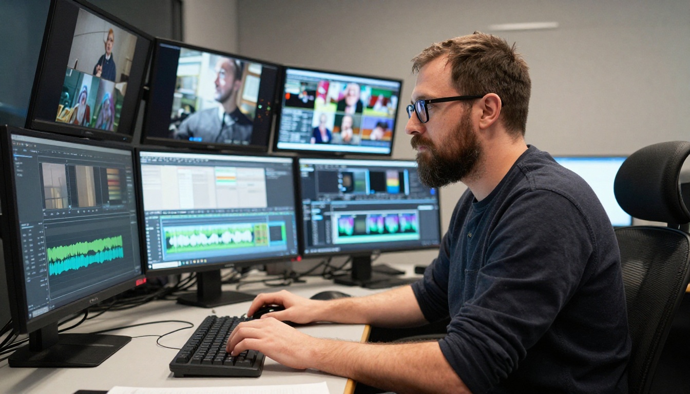 Professional video producer working at a multi-monitor broadcast workstation