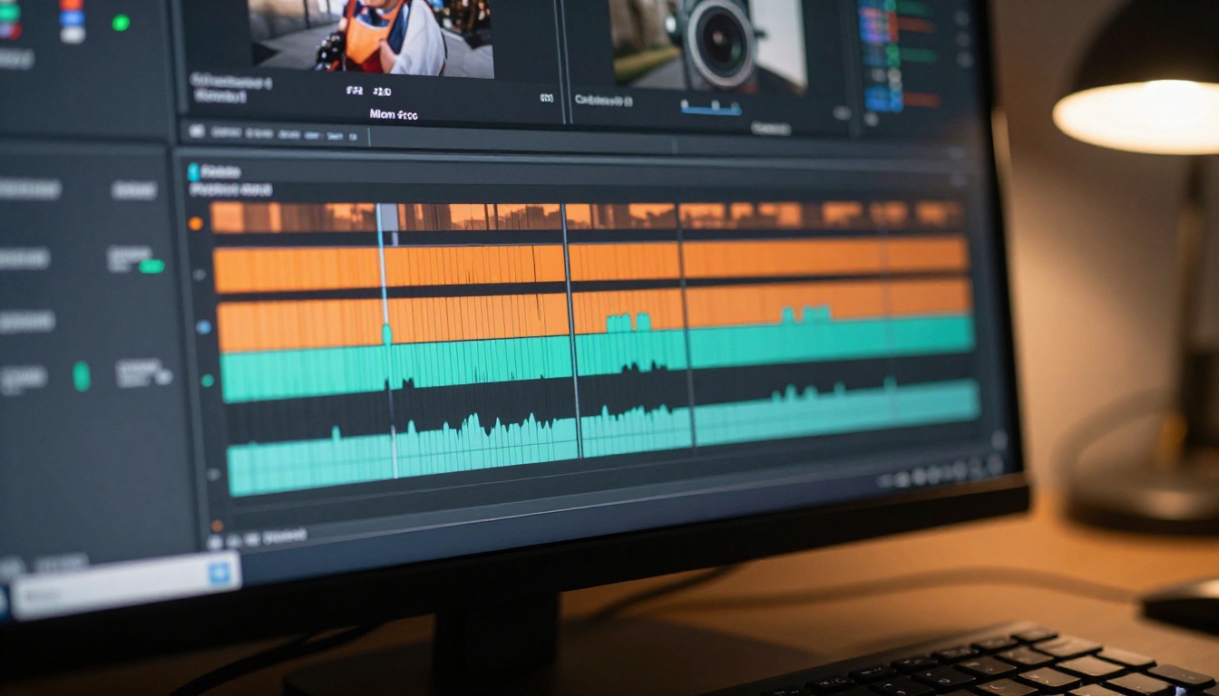 Close-up of a professional video editing timeline on a high-resolution monitor