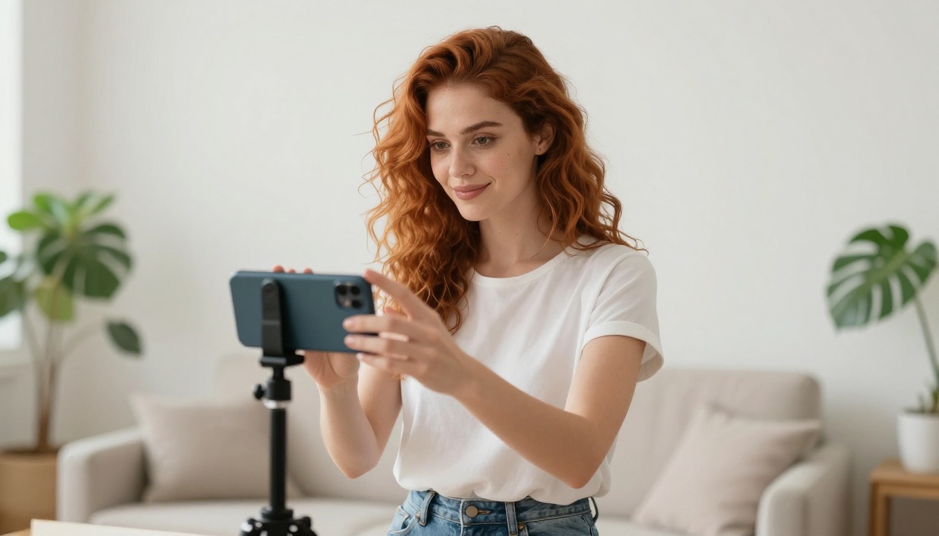 Content creator filming herself on a smartphone in a bright modern apartment