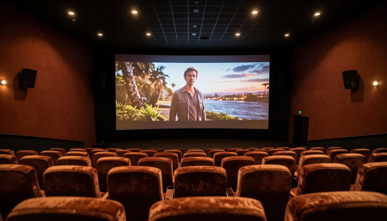 Low angle shot looking up at a massive cinema screen in an empty theater