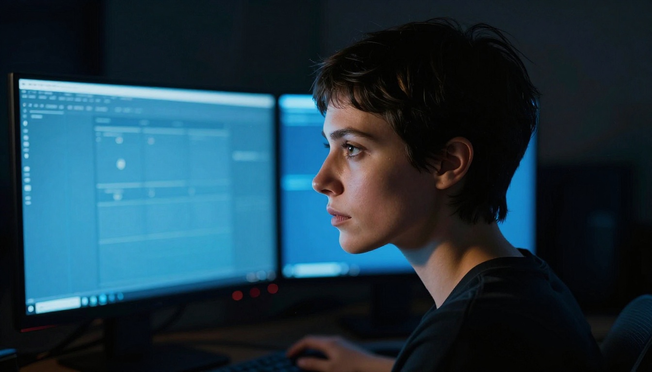 Creative woman illuminated by dual monitor glow in a dark professional studio