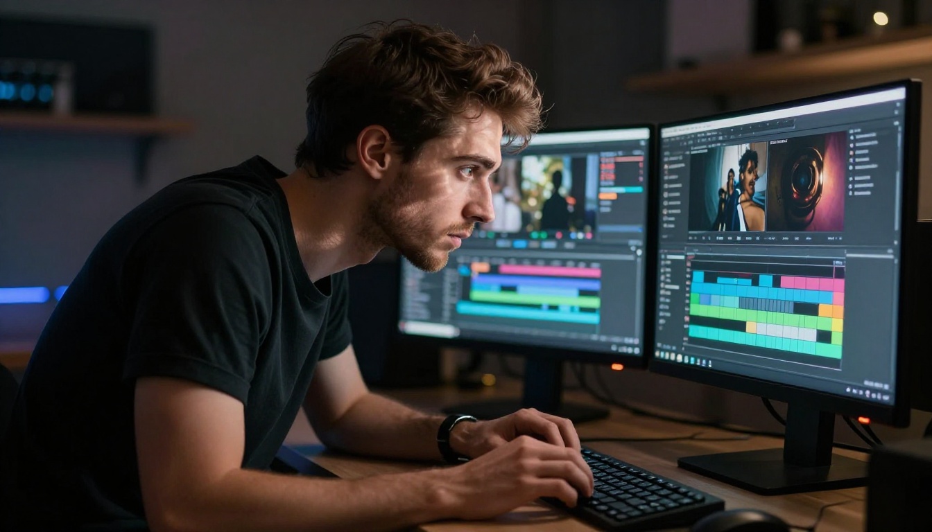 Male video editor at dual-monitor workstation comparing AI outputs