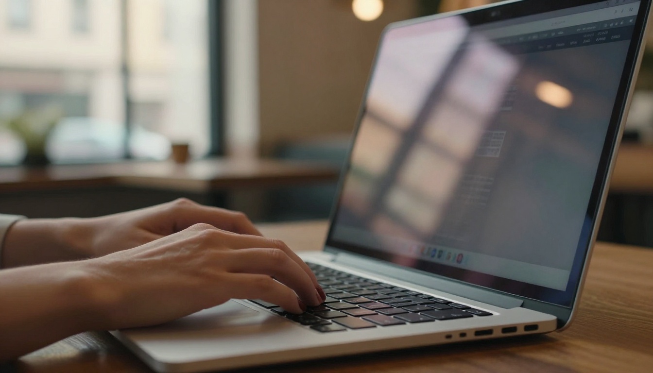 Creative professional typing a video prompt on a laptop in a coffee shop