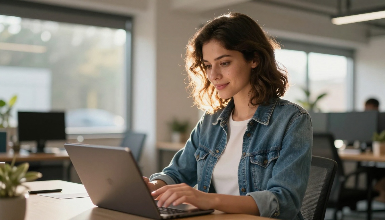 Young woman reviewing AI video clips on tablet near a sunny window