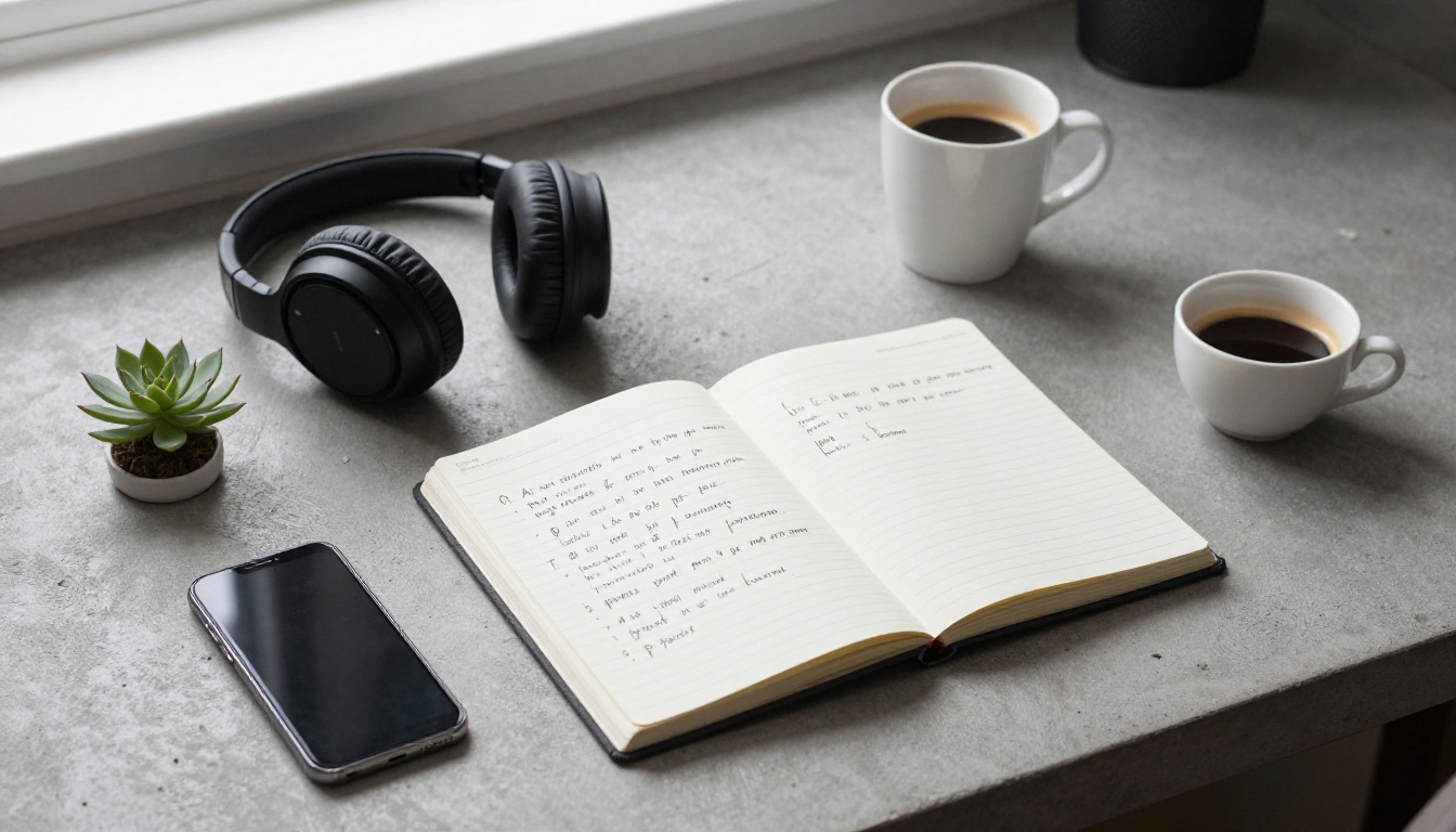Flat-lay desk with notebook of AI video prompts, espresso, and phone