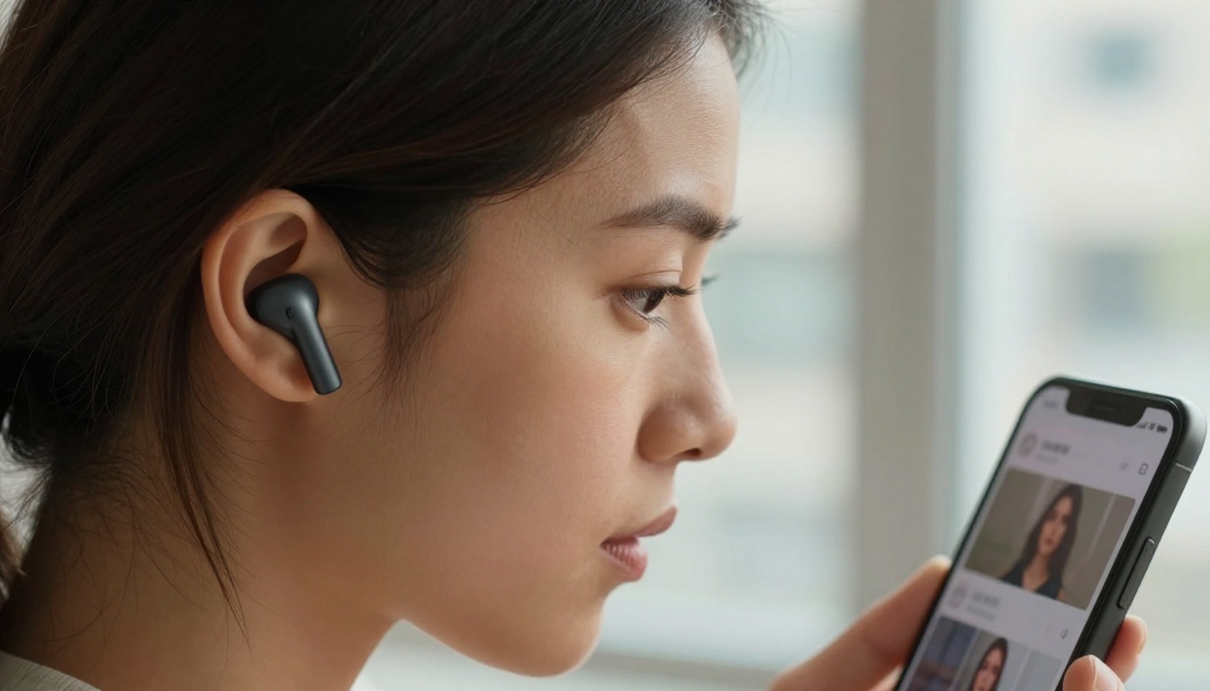 Woman with earbuds watching AI-generated video on her smartphone