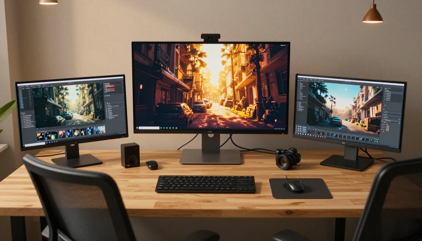 Wide-angle creative studio with three monitors showing cinematic AI video